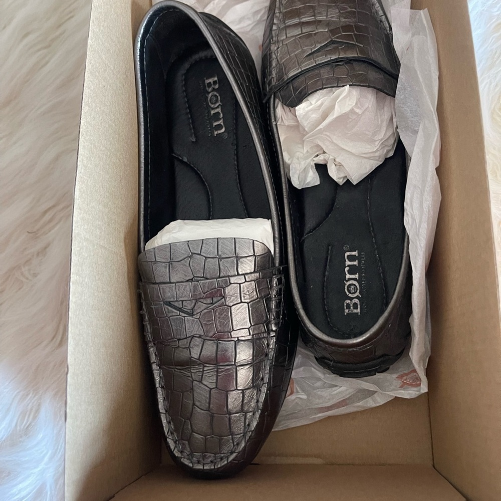 Born Metallic Pewter Croc-Embossed Slip-On Loafers